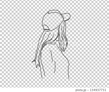 Line drawing of a woman wearing a cap 134937731