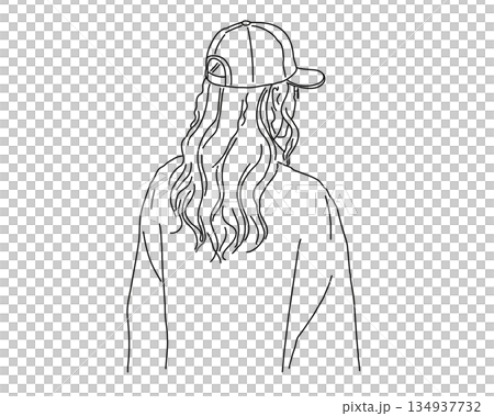 Line drawing of a woman wearing a cap 134937732