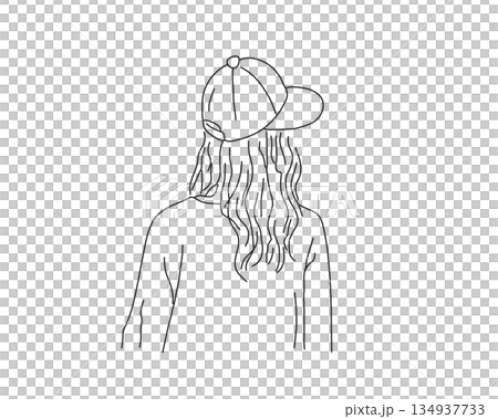 キャップを被った女性の後ろ姿の線画イラスト 134937733