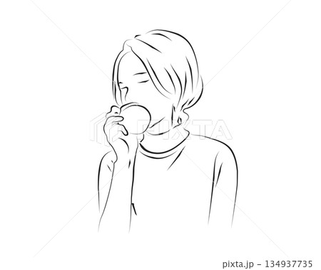 インクタッチの線画 目を閉じてコーヒーを味わう女性 インクタッチの線画 目を閉じてコーヒーを味わう女性 134937735