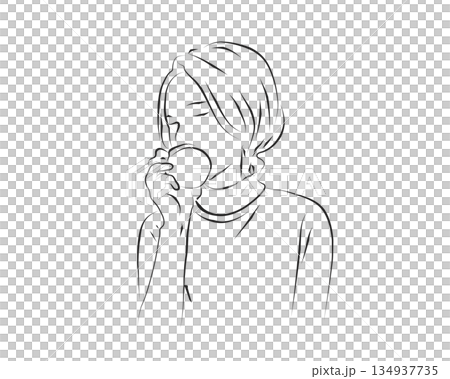 Ink-style line drawing of a woman sipping coffee with her eyes closed 134937735
