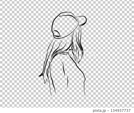 Ink-style line drawing of a woman wearing a cap Ink-style line drawing of a woman wearing a cap 134937737