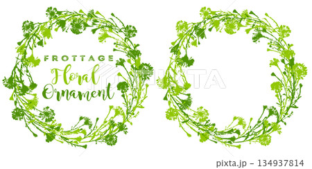 フロッタージュで描いた、花と葉の切り抜きフレーム 134937814