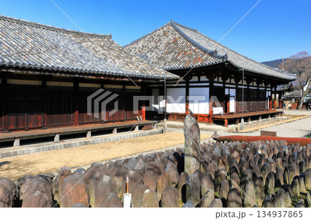 【奈良県】晴天の元興寺の極楽坊本堂と禅室 【奈良県】晴天の元興寺の極楽坊本堂と禅室 134937865