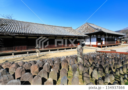 【奈良県】晴天の元興寺の極楽坊本堂と禅室 【奈良県】晴天の元興寺の極楽坊本堂と禅室 134937866
