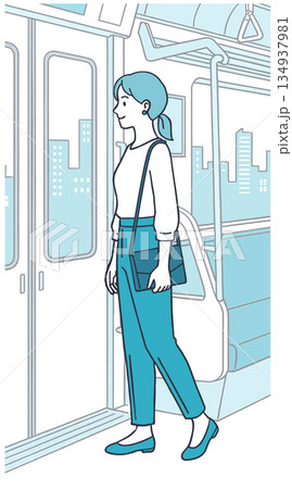 電車内で立つ外出前の女性のイラスト_日常の移動シーン 134937981