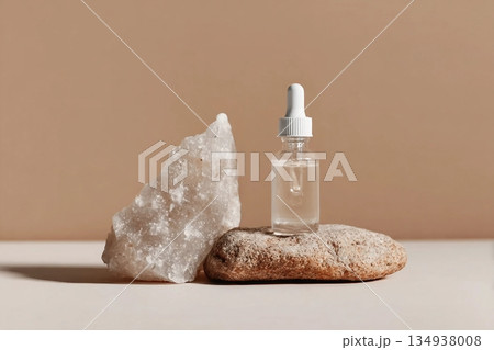 Glass dropper bottle with extract coconut or serum on stand from natural stones on beige background. Natural Organic Spa Cosmetic concept, cosmetic product mock up, minimal style. Side view, copyspace 134938008