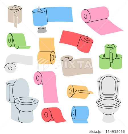 Vector set of colorful toilet paper rolls and toilet bowls on white background. Bathroom icon collection 134938066