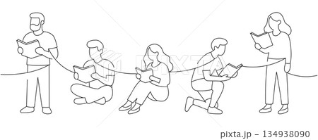 Characters reading books connected by a continuous line. Concept of unity in learning 134938090
