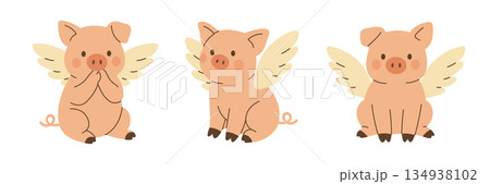 Flying piglets with wings. Cute piglet vector collection illustration for fantasy designs, kids books, and playful farm art 134938102