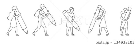 Group of women holding giant pencils and pens. Minimalist outline vector illustration of female characters with oversized writing tools 134938103