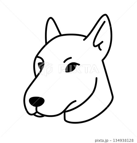 Strong bull terrier dog with pointed ears. Bold minimalist cartoon outline in black and white for modern animal design themes Strong bull terrier dog with pointed ears. Bold minimalist cartoon outline in black and white for modern animal design themes 134938128