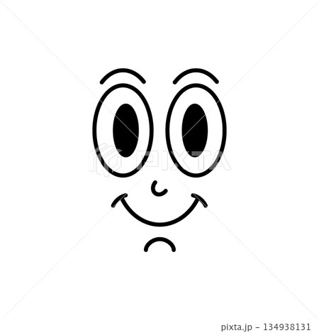 Cartoon smiley face with confident look and classic comic eyes. Retro vector emoji illustration for stickers and fun designs. 134938131