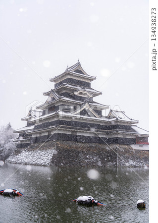 【お城素材】雪の降る冬の松本城【長野県】 134938273