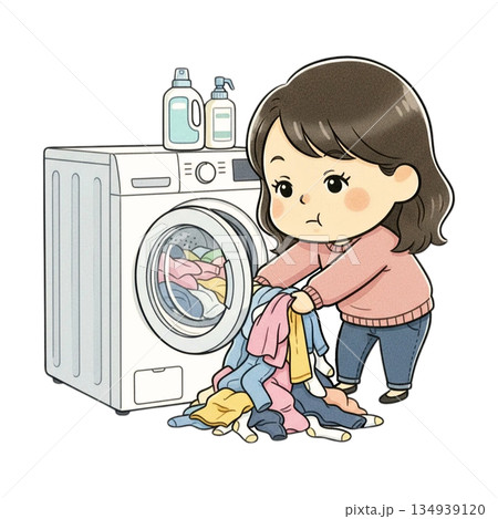 洗濯物を取り出す女性のイラスト｜家事で忙しい主婦のちょっと大変なシーン 134939120