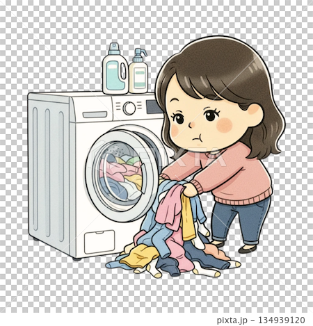 洗濯物を取り出す女性のイラスト｜家事で忙しい主婦のちょっと大変なシーン 134939120