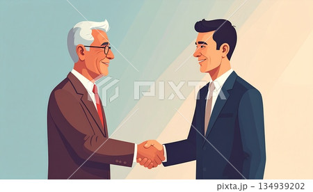 笑顔で握手を交わす若い男性とシニア男性のビジネスマン・契約成立・提携・信頼関係のフラットイラスト 134939202