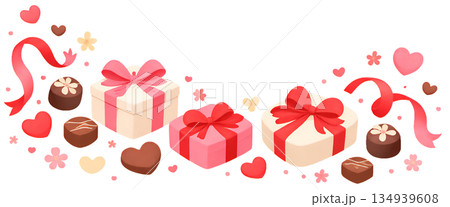バレンタインを彩るギフトボックスとチョコのセット、 ハートとリボンが華やかなバレンタイン素材、 贈り バレンタインを彩るギフトボックスとチョコのセット、 ハートとリボンが華やかなバレンタイン素材、 贈り 134939608