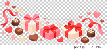 バレンタインを彩るギフトボックスとチョコのセット、 ハートとリボンが華やかなバレンタイン素材、 贈り バレンタインを彩るギフトボックスとチョコのセット、 ハートとリボンが華やかなバレンタイン素材、 贈り 134939608