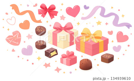 バレンタインを彩るギフトとチョコの装飾セット、 ハートとリボンで華やぐバレンタインデザイン、 スイー 134939610