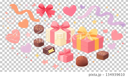 バレンタインを彩るギフトとチョコの装飾セット、 ハートとリボンで華やぐバレンタインデザイン、 スイー 134939610