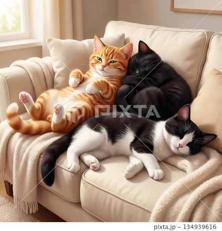 ソファーの上でへそ天になって寝いているねこたち 134939616