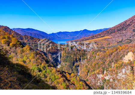 栃木県　日光市　紅葉の明智平から見た華厳滝と中禅寺湖 134939684