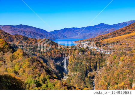 栃木県　日光市　紅葉の明智平から見た華厳滝と中禅寺湖 134939688