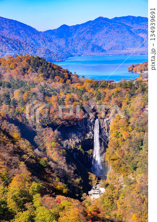 栃木県 日光市 紅葉の明智平から見た華厳滝と中禅寺湖 栃木県 日光市 紅葉の明智平から見た華厳滝と中禅寺湖 134939691