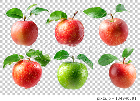 Set of red apple with dew drops and leaves isolated on white background 134940591