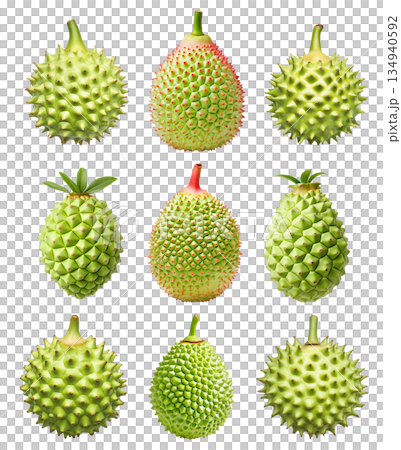 Set of green exotic spiky fruit Atemoya with a stem isolated on white transparent background. 134940592