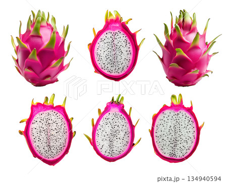 Set of sliced dragon fruit with pink skin and white pulp with black seeds isolated on white transparent background 134940594