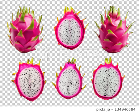 Set of sliced dragon fruit with pink skin and white pulp with black seeds isolated on white transparent background 134940594