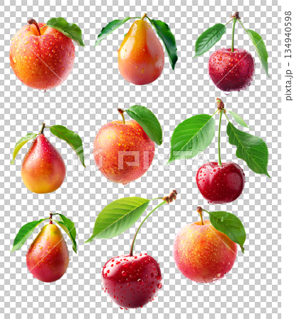 Set of kiwi, cherry and tangerine with green leaves, covered in water droplets, isolated on white transparent background Set of kiwi, cherry and tangerine with green leaves, covered in water droplets, isolated on white transparent background 134940598