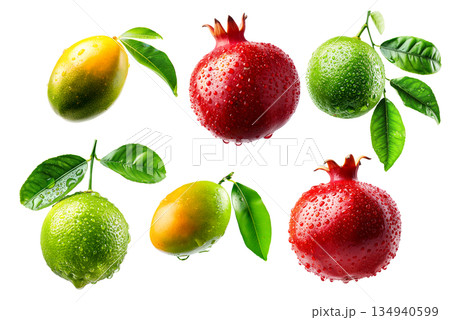 Ripe mango, lime and pomegranate with green leaves and water drops isolated on white transparent background 134940599