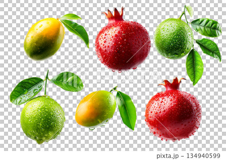 Ripe mango, lime and pomegranate with green leaves and water drops isolated on white transparent background Ripe mango, lime and pomegranate with green leaves and water drops isolated on white transparent background 134940599