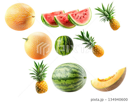 Set of pineapple, watermelon and cantaloupe melon with green leaves isolated on white background Set of pineapple, watermelon and cantaloupe melon with green leaves isolated on white background 134940600