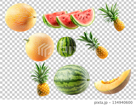 Set of pineapple, watermelon and cantaloupe melon with green leaves isolated on white background 134940600
