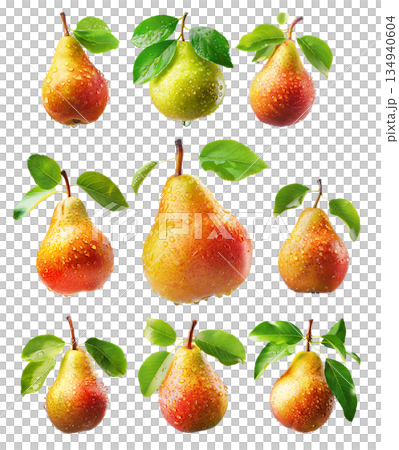 Set of ripe pear and sliced half with visible seeds and green leaf isolated on white transparent background 134940604
