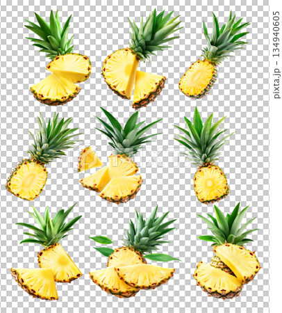 Set of pineapple with bright yellow flesh and green spiky leaves, isolated on white transparent background 134940605