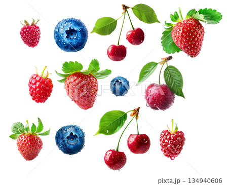 Set of strawberry, blueberries, raspberry and cherry with green leaves isolated on white transparent background 134940606