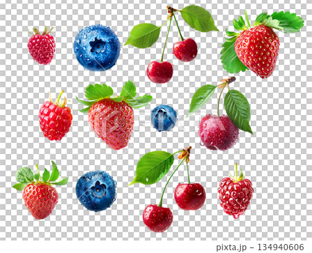 Set of strawberry, blueberries, raspberry and cherry with green leaves isolated on white transparent background 134940606
