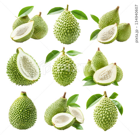 Set of Green spiny soursop fruits with one cut open to reveal white seeds isolated on white transparent background 134940607