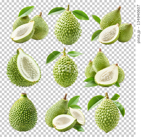 Set of Green spiny soursop fruits with one cut open to reveal white seeds isolated on white transparent background 134940607