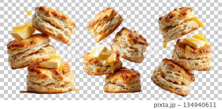 Buttermilk biscuits topped with syrup and butter, isolated on white background, concept of breakfast Buttermilk biscuits topped with syrup and butter, isolated on white background, concept of breakfast 134940611
