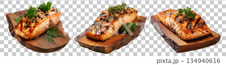 Grilled salmon steak topped with herbs and pepper, served on rustic wood board, isolated on white background, concept of seafood 134940616