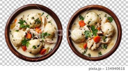 Chicken and dumplings soup with vegetables and herbs in black bowl, isolated on white transparent background Chicken and dumplings soup with vegetables and herbs in black bowl, isolated on white transparent background 134940618
