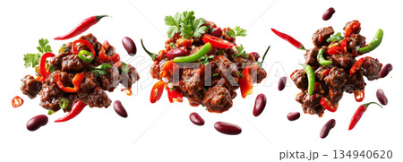 Southwest Tex-Mex Chili con carne beef chili stir-fry with or without beans isolated on white background, concept of hot cuisine 134940620
