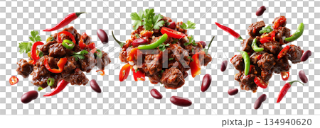 Southwest Tex-Mex Chili con carne beef chili stir-fry with or without beans isolated on white background, concept of hot cuisine 134940620