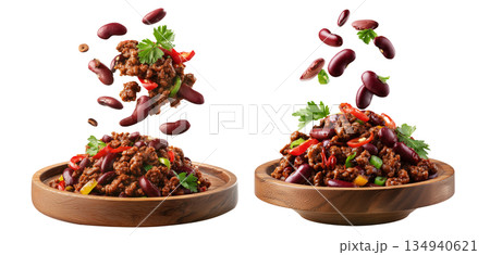 Southwest Tex-Mex Chili con carne beef chili stir-fry with or without beans isolated on white background, concept of hot cuisine 134940621
